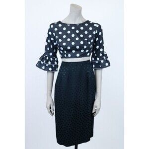 Vintage 1960s 60s Black & Blue Polka Dot Flared Sleeve Crop Top Deadstock S
